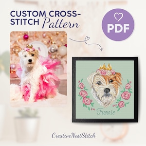 Personalized Dog Cross Stitch PDF Pattern, Custom Pet Portrait Embroidery Design with Floral Frame, Gift for Dog Lovers, Digital Pattern