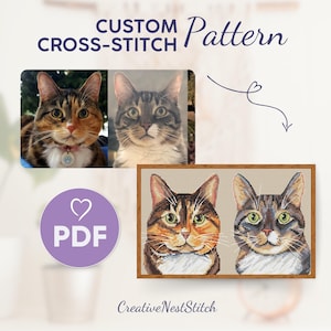 Personalized Two Cats Cross Stitch Pattern, Custom Cat Embroidery PDF, Pet Memorial Cross-Stitch Design, Cat Lover&#39;s Gift, Embroidery Decor