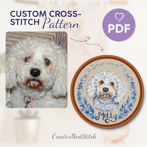 Personalized Bichon Frise Cross-Stitch PDF Pattern, Custom Pet Portrait with Floral Wreath, Embroidery Gift for Pet Lovers, Cute Dog Stitch
