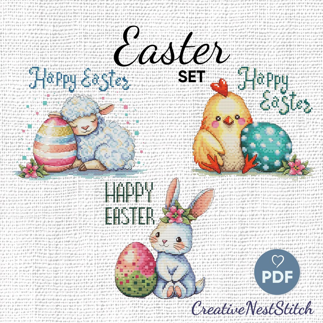 Happy Easter Cross Stitch Pattern, Set of 3 X-stitch Pattern, Cute ...