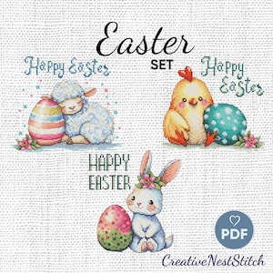 Schema punto croce di Pasqua felice, set di 3 schemi punto croce, simpatici animali da ricamo, schema punto croce pecora con coniglio e pulcino