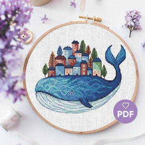 Cross Stitch Pattern Whale City, Fantasy Ocean Animal Embroidery, PDF Chart With Houses, Modern Nautical Design, Counted Xstitch Pattern