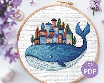 Patrón de punto de cruz "Ciudad Ballena", bordado de animales marinos de fantasía, gráfico en PDF con casas, diseño náutico moderno, patrón de punto de cruz contado