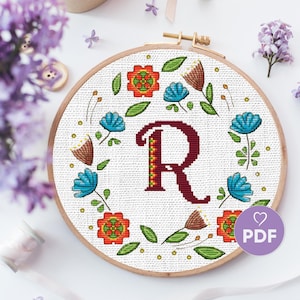 Patrón de punto de cruz con monograma floral, punto de cruz con letras, descarga instantánea en PDF, punto de cruz con inicial personalizada, bordado con alfabeto floral