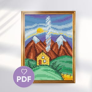 Kreuzstichmuster, Berghaus Kreuzstichmuster, Landschaftsstickerei, Bauernhaus Kreuzstichvorlage, gemütliches DIY Wohndekor, Natur Handarbeiten X-Stich