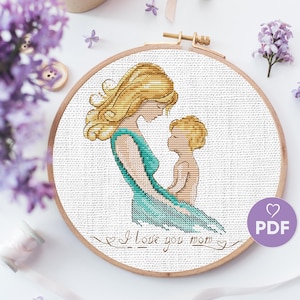 Patrón de punto de cruz "Madre con hijo", diseño de bordado "Te amo, mamá", punto de cruz para el Día de la Madre, punto de mamá e hijo, punto de cruz simple