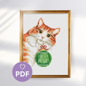 Patrón de punto de cruz de gato navideño, gato atigrado festivo con adorno, diseño de bordado navideño en PDF, regalo de costura DIY, regalo de Navidad DIY