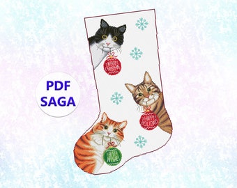 Christmas stocking cross stitch. Christmas cats cross stitch pattern pdf.
