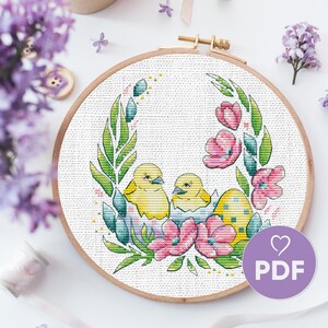 Schema punto croce pasquale, punto croce pulcino di primavera, disegno ricamo floreale, punto croce PDF, decorazioni pasquali, punto uccellini carini, schema digitale