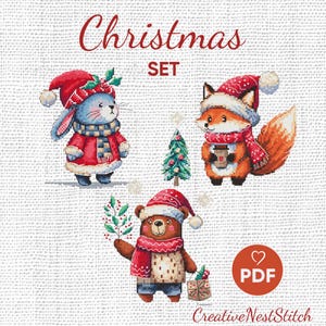Ensemble de point de croix animaux hivernaux, motif de broderie animaux de Noël des fêtes, PDF point X, renard festif, motif ours, lapin point de croix