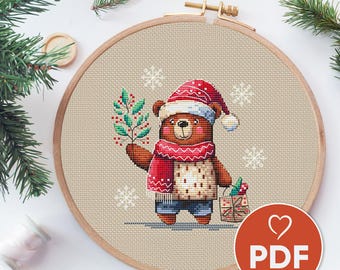 Christmas Cross Stitch Patterns - Cute Bear - Winter Animal Embroidery PDF