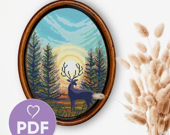 Patrón PDF de punto de cruz de ciervo en el bosque, diseño de bordado de naturaleza, patrón digital de atardecer y árboles, punto de animales del bosque, decoración bordada