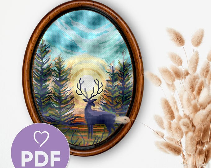 Modern Cross Stitch Pattern Deer in the Forest Animal Autumn Leaf ...