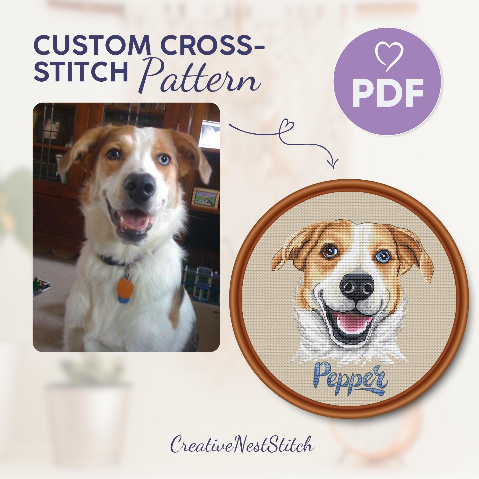 Custom Dog Cross Stitch PDF Pattern, Personalized Pet Portrait
