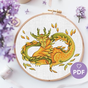 Autumn Dragon Cross Stitch Pattern, Whimsical Fantasy Embroidery Design, PDF DIY Needlework Gift, Funny Dragon X-Stitch, Tale Dragon Stitch