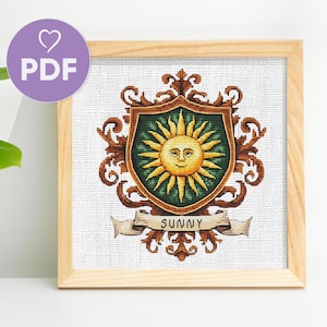 Sunny Sun Emblem Cross Stitch, Decorative Heraldic Crest Cross Stitch Pattern, Vintage Style Embroidery Design, Cheerful Sunshine X-Stitch
