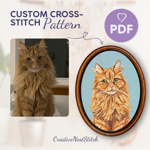 Aangepast kruissteekpatroon voor een kat (PDF), gepersonaliseerd huisdierportret met lavendelkleurige lijst, uniek doe-het-zelf cadeau voor kattenliefhebbers, borduurontwerp op maat