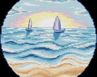 夕暮れ時のセーリングクロスステッチパターン、海の景色の刺繍デザイン