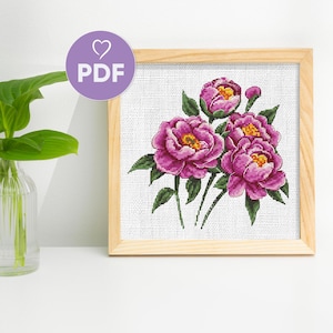 Rosa Pfingstrosen Kreuzstichmuster, Blumen Stickmuster, Pfingstrose PDF Design, Handstickerei