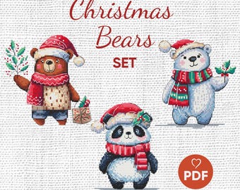 Christmas Bears Cross Stitch Pattern Set, Festive Holiday Bear Trio PDF, Cute Bears with Santa Hats, Winter Cross Stitch, DIY Gift For Mom