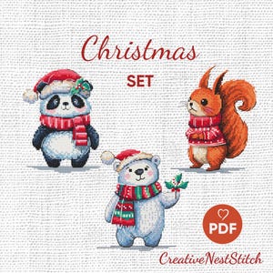 Weihnachts Tiere Kreuzstich Muster Set, festliche Bären & Eichhörnchen X-Stitch Design, Weihnachten DIY Postkarte, Winter Stickerei Wanddekoration