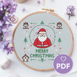 Schema punto croce Buon Natale, schema punto croce Babbo Natale PDF, punto croce per tovaglioli di Natale, file digitale punto croce per le feste