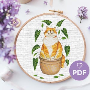 Fat Cat in a Plant Pot Cross Stitch Pattern, Funny Cat Embroidery Design, Whimsical X-Stitch for Cat Lovers, PDF Instant Download, DIY Decor