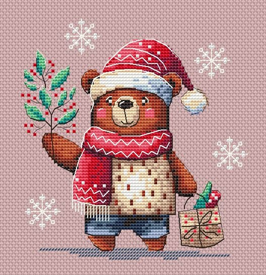 クロスステッチ完成品　クマ　　クリスマス クリスマス ベア クロスステッチ パターン、お祭りベア クロス刺繍