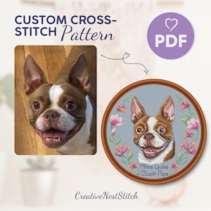 Photo Cross Stitch, Your Dog X-Stitch Pattern, Personalized Dog Portrait, PDF X-Stitch Pattern, Pet Embroidery Design, Floral Cross Stitch