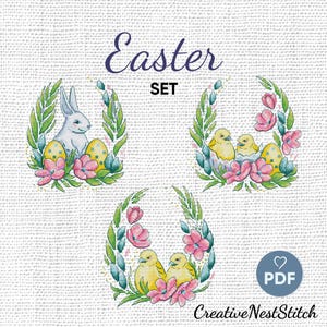 Ostern Kreuzstichmuster-Set, Osterhase Stickerei, Osterei-Muster, niedliches Osterküken X-Stich-Design, einfach zu folgenden Stichdatei