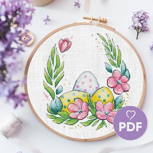 Schema punto croce uova e fiori di Pasqua, disegno ricamo floreale primaverile, punto PDF per decorazioni pasquali per la casa, cartolina punto croce di Pasqua