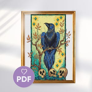 Raven Cross Stitch Pattern, Halloween Theme Cross Stitch PDF Pattern, Gothic Digital Design, Raven With Skulls Cross Stitch, Spooky X Stitch