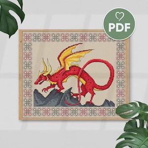 Red Dragon Cross Stitch Pattern, Mythical Creature Embroidery Design, PDF X-Stitch, Fantasy Dragon Cross Stitch, Simple Cross Stitch Pattern