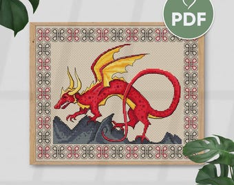 Red Dragon Cross Stitch Pattern, Mythical Creature Embroidery Design, PDF X-Stitch, Fantasy Dragon Cross Stitch, Simple Cross Stitch Pattern