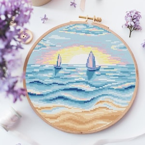 Sailing at Sunset Cross Stitch Pattern, Ocean Seascape Embroidery Design, PDF X-Stitch Chart, Nautical Wall Decor, Simple Cross Stitch PDF