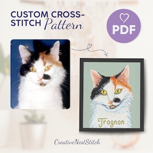 Custom Black & White Cat Cross Stitch Pattern, Personalized Cat Embroidery PDF, Pet Memorial Cross-Stitch Design, Unique Cat Lover&#39;s Gift