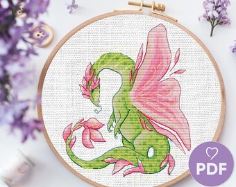 Fantasy Flower Dragon Cross Stitch PDF Pattern, Whimsical Embroidery Design, DIY Digital Pattern for Fairy Tale Lovers, Cute Green Dragon