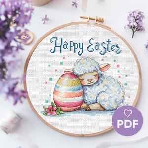 Schema PDF per punto croce di Pasqua, punto croce a forma di pecora pasquale, disegno per punto croce Pysanka, cartolina di ricamo pasquale, idea regalo fai da te per le feste