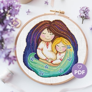 Motherhood Embroidery Pattern, Pregnant Women Cross Stitch, Mother's Day Embroidery Design, Mom & Baby X-Stitch, Family Embroidery Pattern
