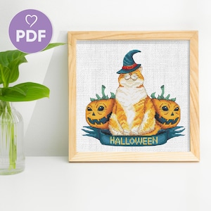 Cat With Pumpkins Cross Stitch Pattern, Cute Halloween Cross Stitch, Kids Halloween Cross Stitch Design, Magic Halloween Stitch PDF Pattern