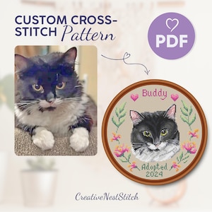 Personalized Cat Cross Stitch Pattern, Custom Cat Embroidery PDF, Pet Memorial X-Stitch Design, Unique Cat Lover&#39;s Gift, Unique Pet Portrait