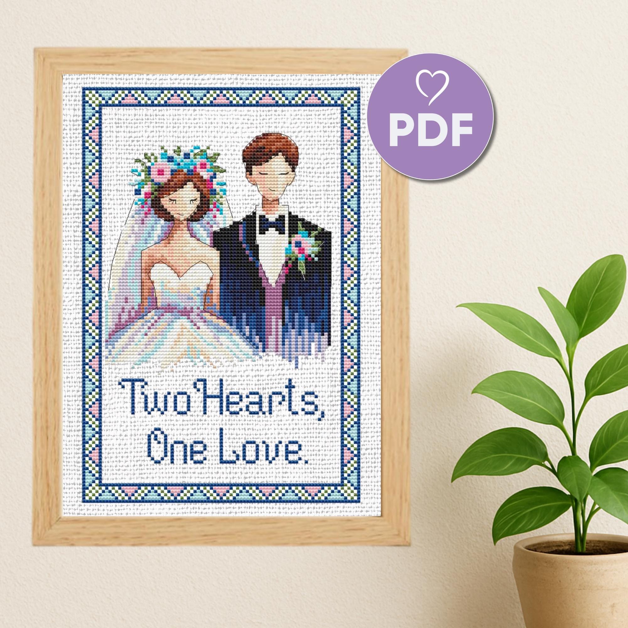 結婚式のクロスステッチパターン、新郎新婦、ロマンチックな刺繍