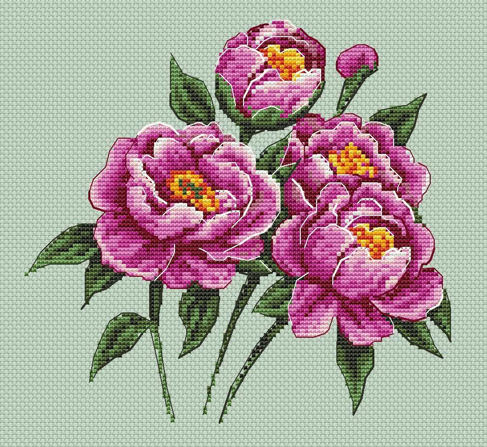 ピンクの牡丹のクロスステッチ図案、花の刺繍図案、牡丹のPDFデザイン