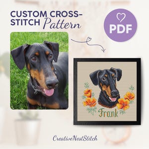 Personalized Dog Cross-Stitch Pattern PDF, Custom Pet Portrait Embroidery Design with Floral Frame, Unique Gift for Dog Lovers, DIY Gift