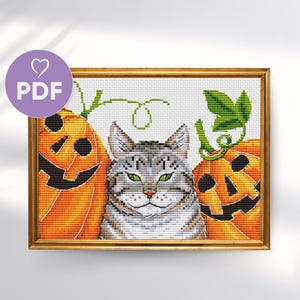 Unique Cat With Funny Pumpkins Cross Stitch Design, Halloween Cross Stitch Pattern, Spooky Cross Stitch PDF File, Modern Cross Stitch Design