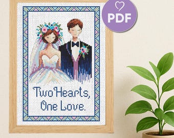 Personalized Wedding Cross Stitch Pattern PDF, Bride and Groom Embroidery, Custom Names & Date, Modern DIY Wedding Gift