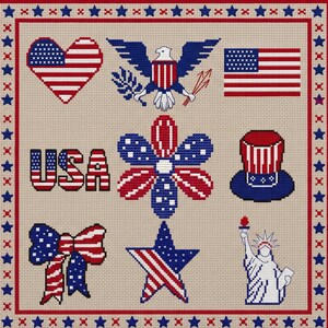 May include: A patriotic design featuring various American symbols. Includes a heart, eagle, flag, flower, top hat, bow, star, and the Statue of Liberty, all in red, white, and blue. The design is set against a tan background with a red and blue border.