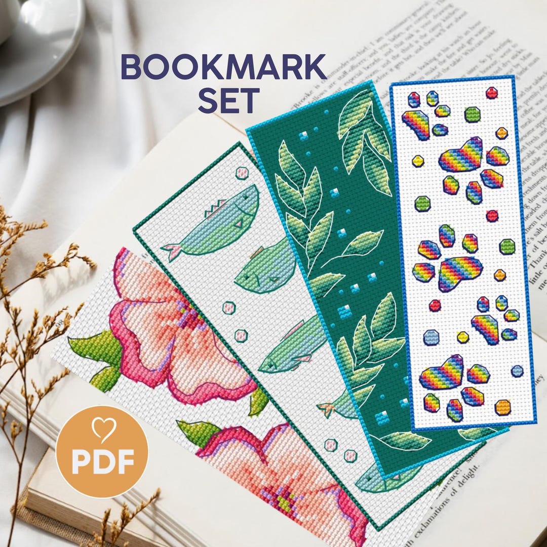 4 Bookmark Set Cross Stitch Pattern PDF, Floral, Dog Paw, Botanic, DIY ...