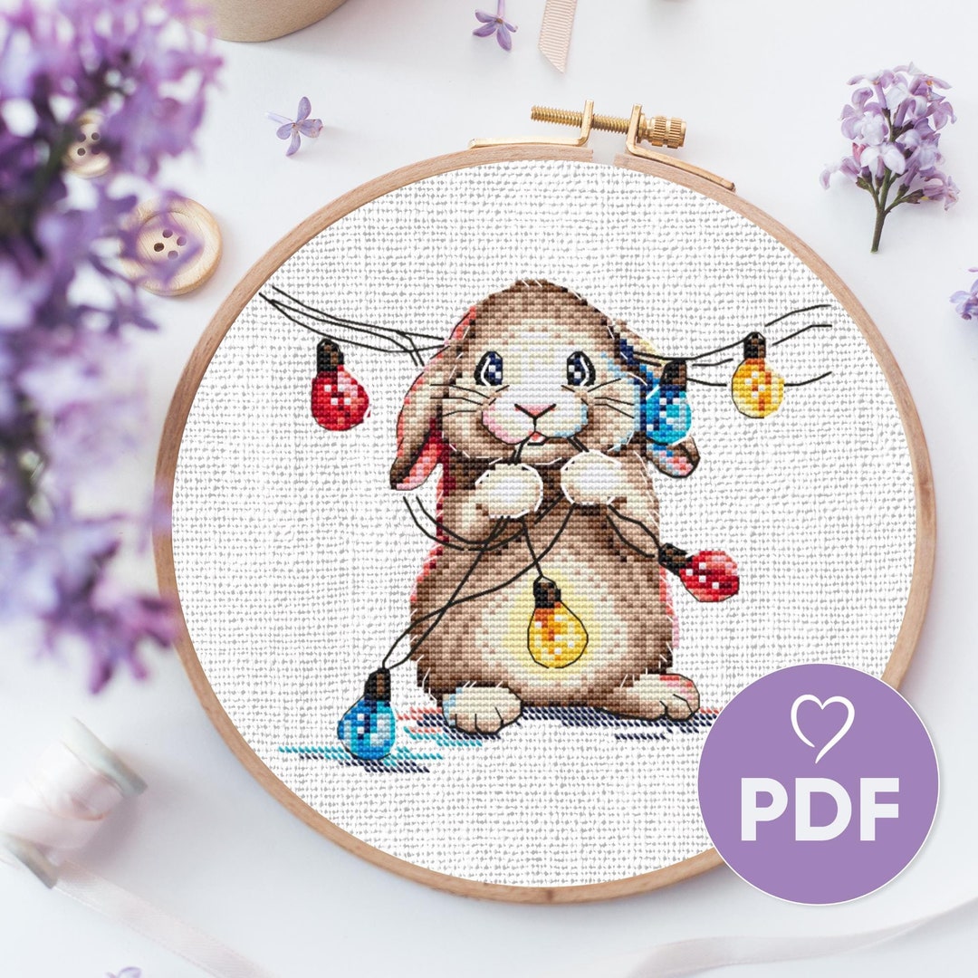 Chainstitch Rabbit Bunny With Christmas Lights Cross Stitch Pattern, Cute Rabbit ...