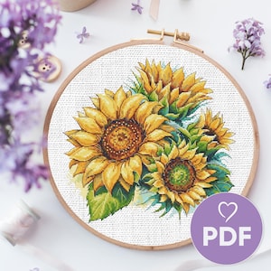 Dainty Sunflowers Cross Stitch Pattern, Sunflowers Bouquet Cross Stitch Design, Cross Stitch For Housewarming, Floral Theme Cross Stitch PDF